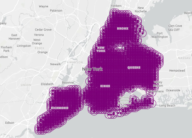 A fixed size for Wurman dot symbols only works well at one scale. When zoomed out, symbols will overlap as each pixel represents a larger area.