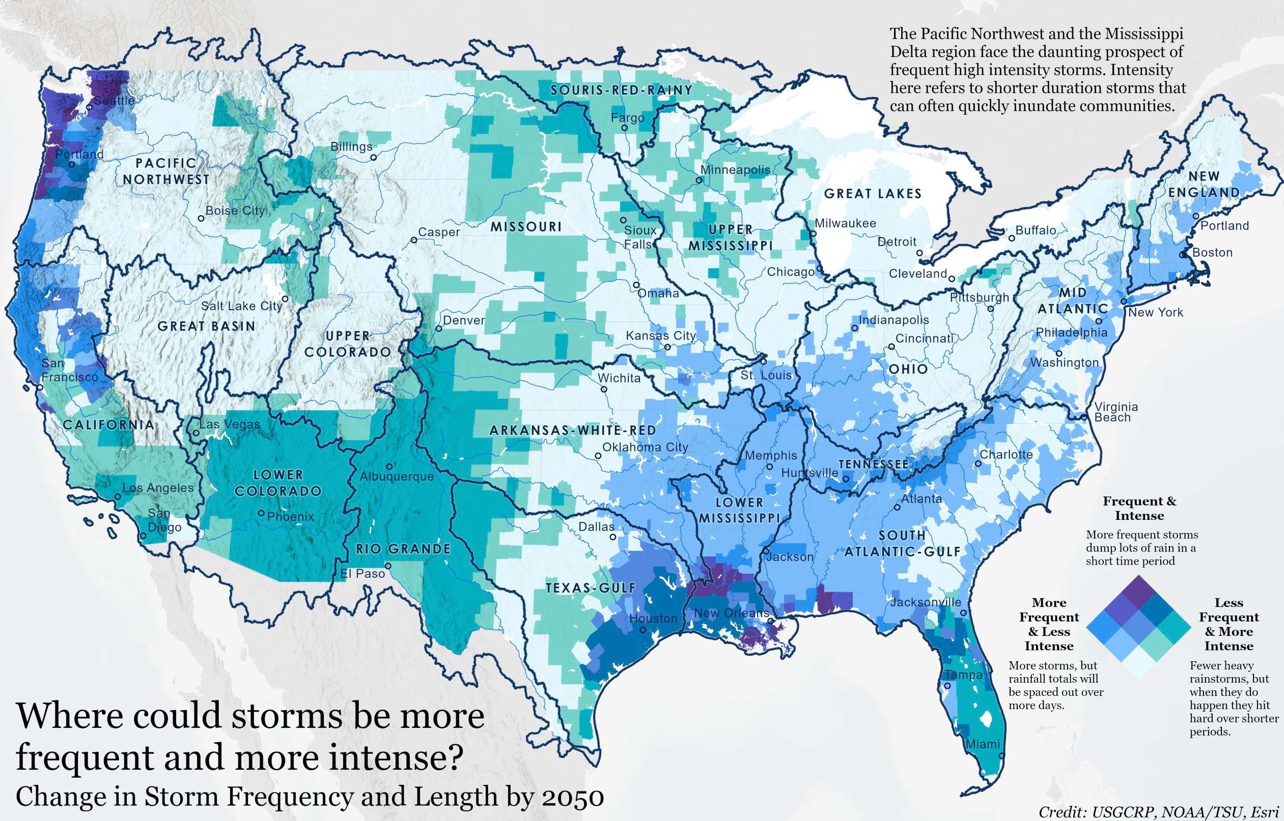 The greatest flood risk exists when storms are frequent and dump a lot of rain in a short timeframe. This bivariate map looks at the intersection of high frequency and short duration storms to find the most compounded risk. The greatest flood risk exists when storms are frequent and dump a lot of rain in a short timeframe. This bivariate map looks at the intersection of high frequency and short duration storms to find the most compounded risk.