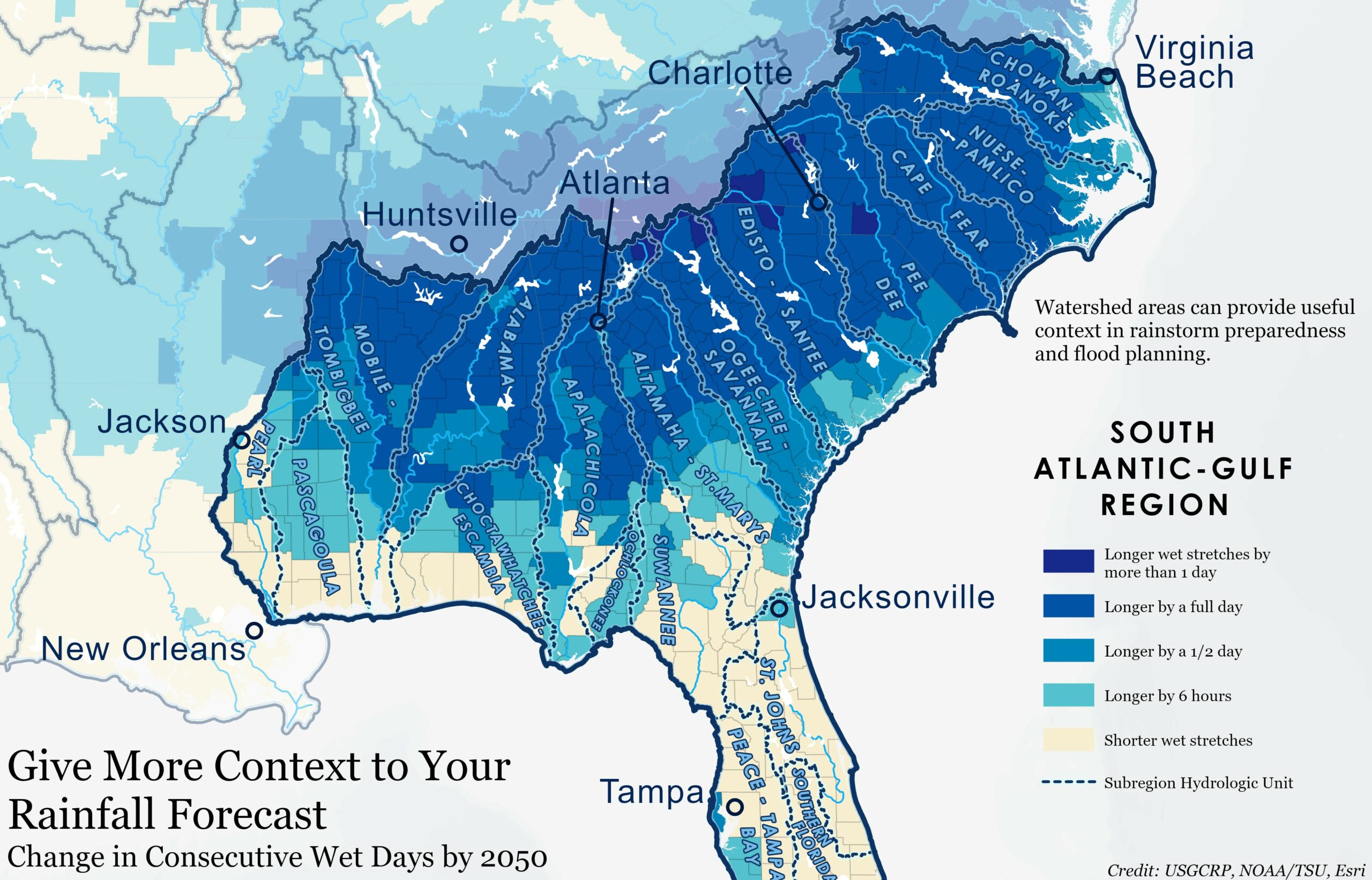 A more detailed look at subregional watersheds in the Southeastern U.S. Various levels of catchment areas are available in Living Atlas and provide context on rainfall accumulation and drainage.
