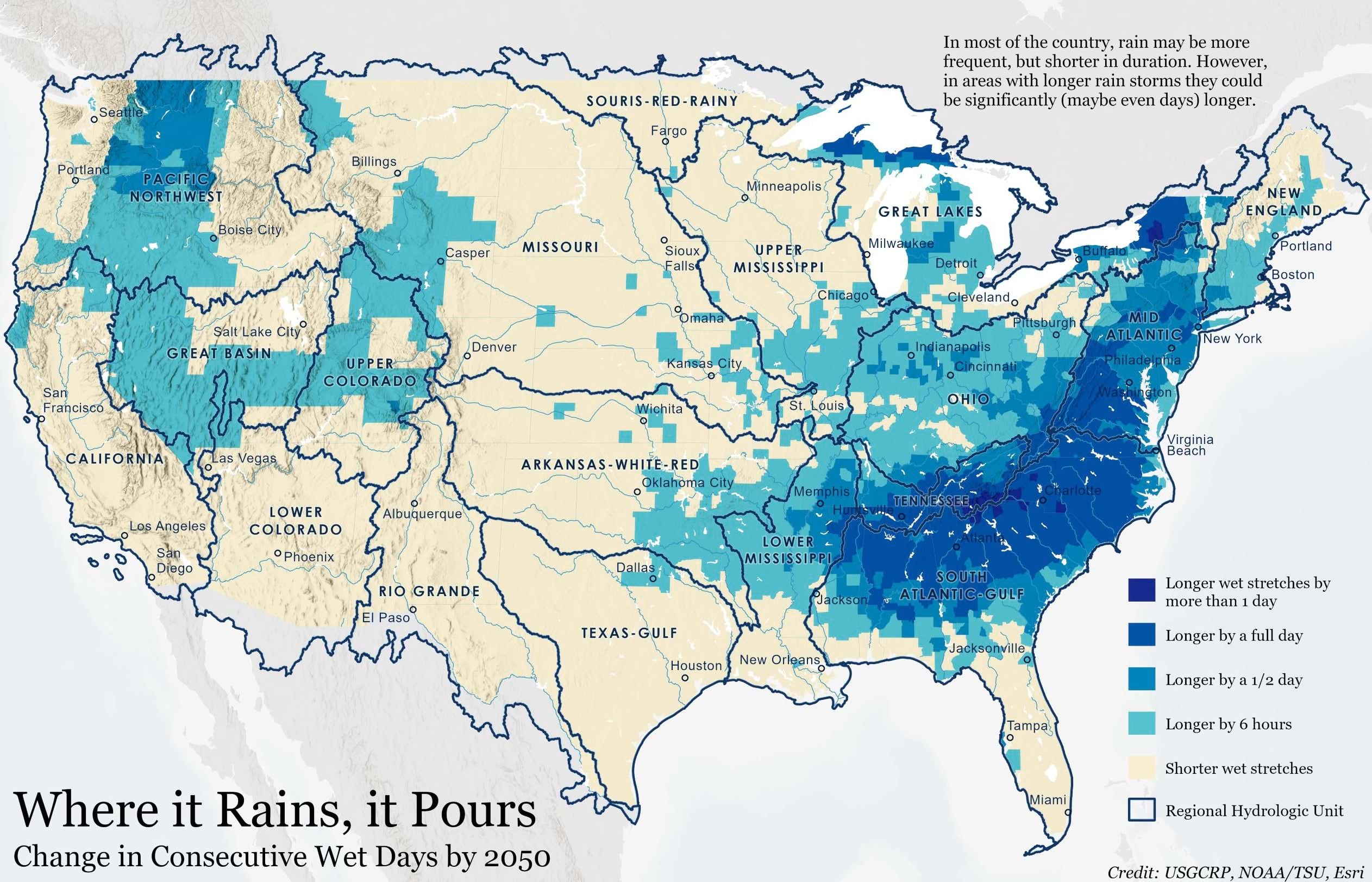 Length of consecutive wet days may increase most along the Appalachian Mountain range. For this region, longer rainy stretches could be expected in the forecast. Most of the country, however, could see shorter consecutive wet days, which could mean more rain dumped in a short period (a dangerous combination). Length of consecutive wet days may increase most along the Appalachian Mountain range. For this region, longer rainy stretches could be expected in the forecast. Most of the country, however, could see shorter consecutive wet days, which could mean more rain dumped in a short period (a dangerous combination).
