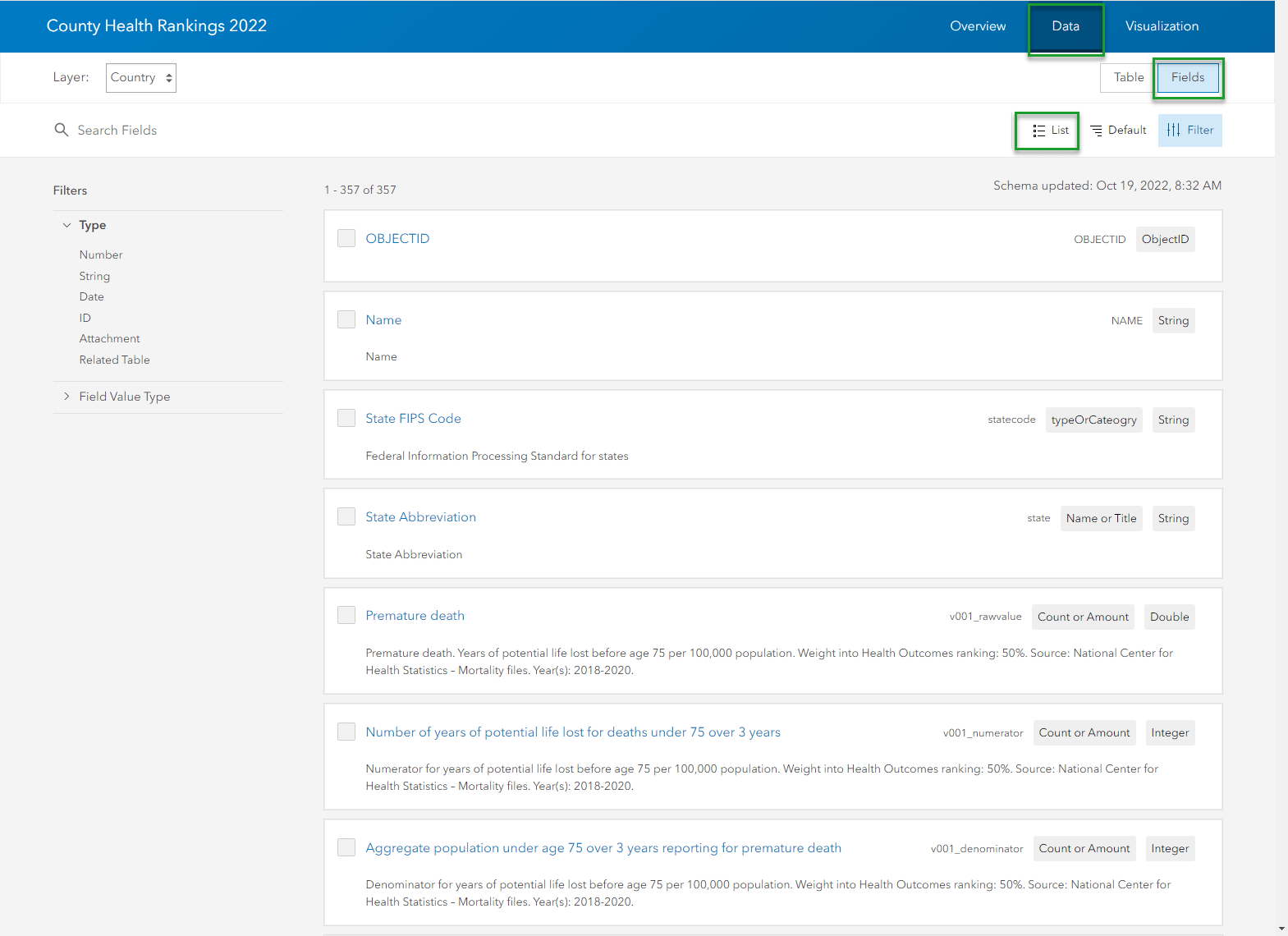 From the Item Page, Data -> Fields -> List exposes all fields in the feature layer, and their associated descriptions are here in one place. No hovering or clicking on each and every field. From the Item Page, Data -> Fields -> List exposes all fields in the feature layer, and their associated descriptions are here in one place. No hovering or clicking on each and every field.