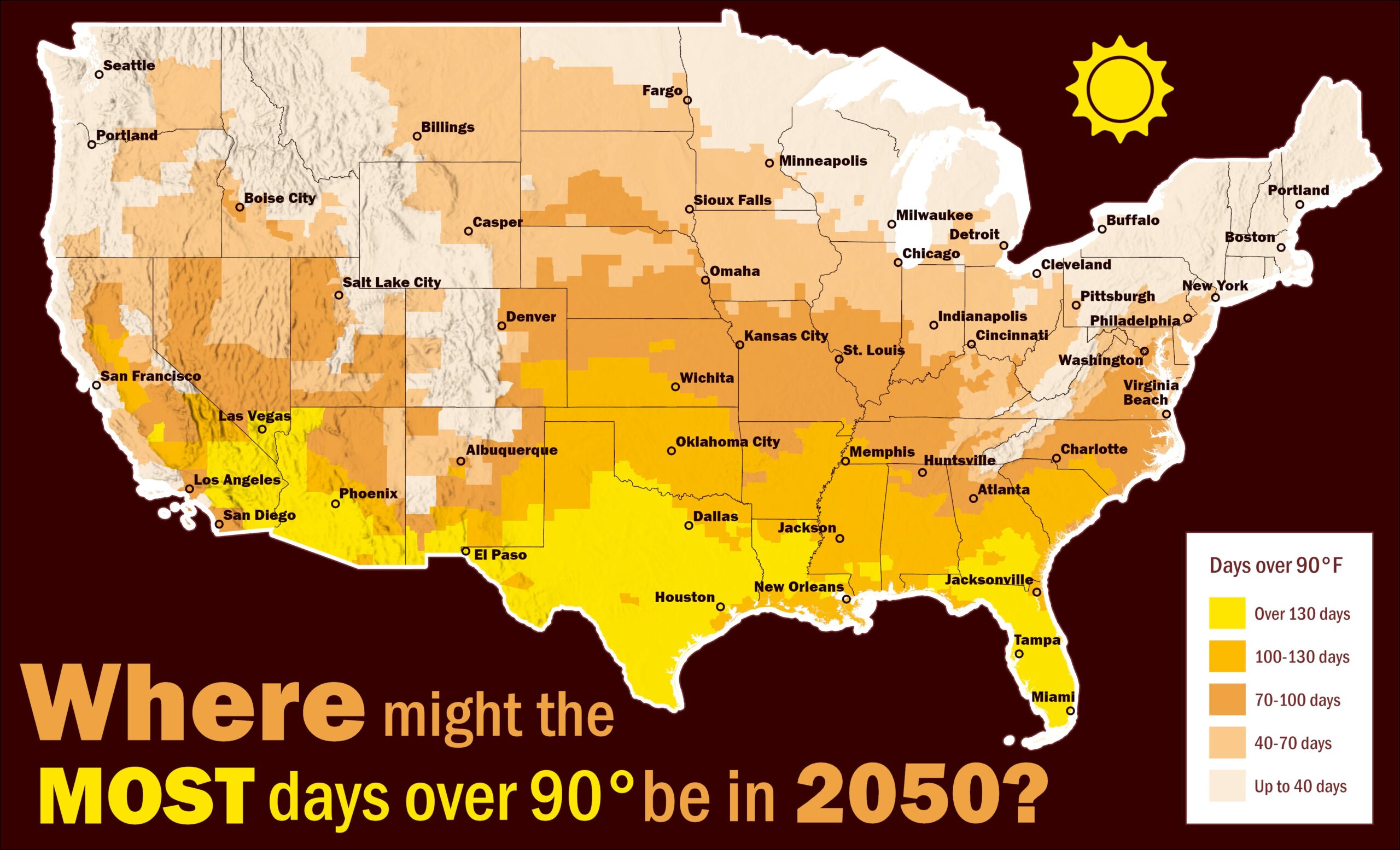 Total days with maximum temperature over 90°F projected in the year 2050 under the high emissions scenario (SSP5-8.5). Days over 90°F shows where heat could be most dangerous, and this type of extreme heat is concentrated in the southern portion of the U.S. Total days with maximum temperature over 90°F projected in the year 2050 under the high emissions scenario (SSP5-8.5). Days over 90°F shows where heat could be most dangerous, and this type of extreme heat is concentrated in the southern portion of the U.S.