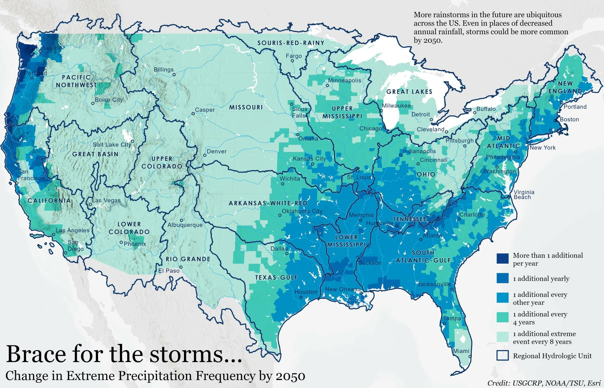 LOCA data shows that the frequency of extreme storms could increase across the entirety of the lower 48 states by midcentury. Extreme storms are defined as those with more than 2 inches of accumulation. Even areas with predicted decreases in annual rainfall could see more frequent storms. Greatest increases in storm frequency can be found along the Pacific Northwest coast.