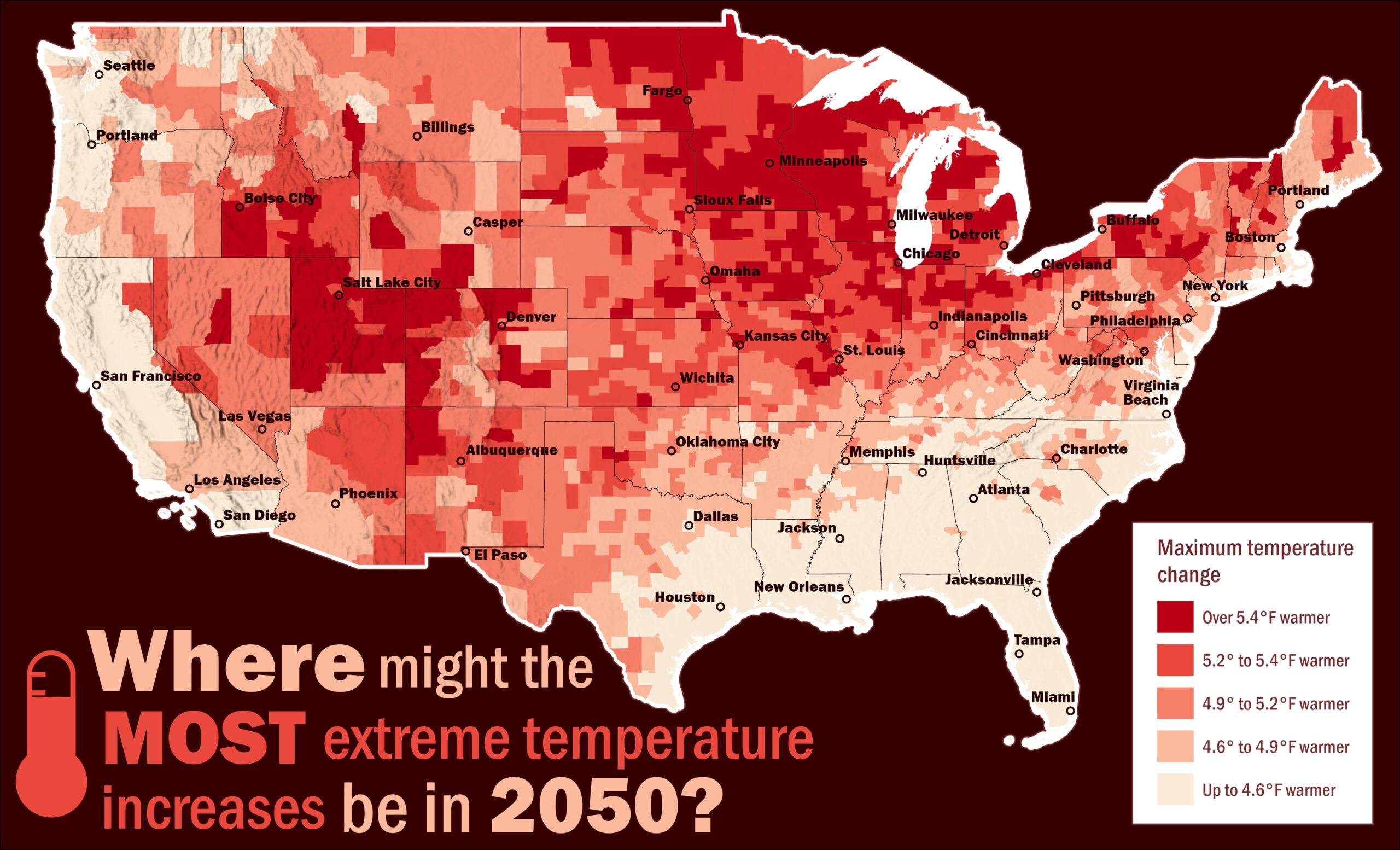 U.S. counties by average increase in high-end estimates for extreme (maximum) temperature by 2050 compared to the 1976-2005 baseline under the high emissions scenario (SSP5-8.5). Highest anomalies are concentrated in the Midwest region.