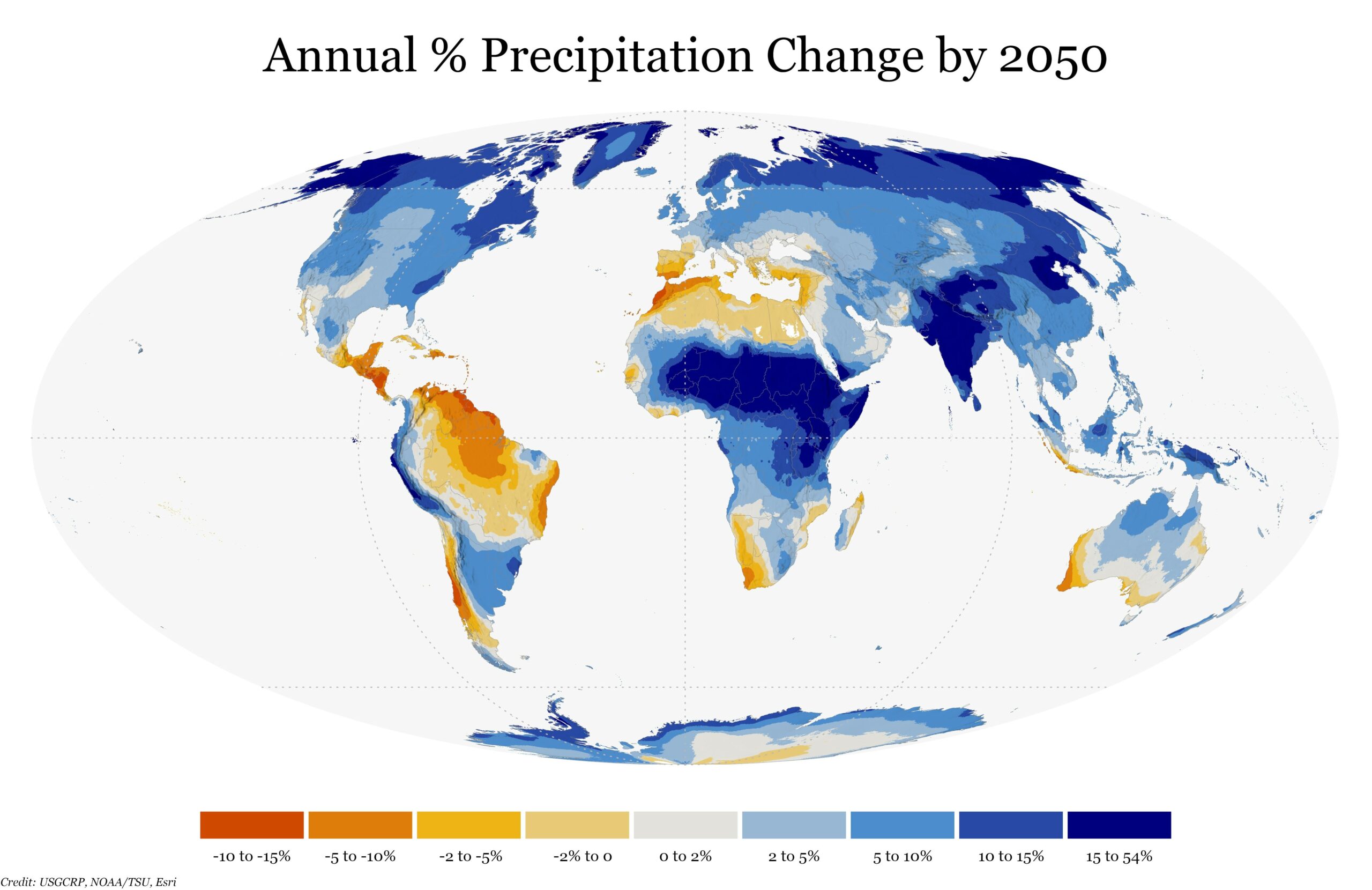 By mid-century, annual precipitation could increase significantly across most of the world. Looking at percent change against the historic baseline can show where future climate could differ most from typical, current patterns and is therefore a good indicator of the biggest shifts and greatest need for preparedness.