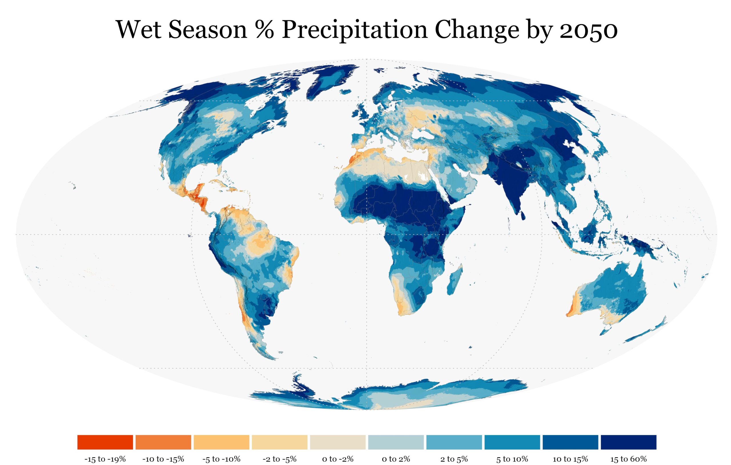 Breaking precipitation predictions into seasonal subsets shows that most increases in annual precipitation could be concentrated in the wet season. Nearly all of the world land surface could see increases in rainfall during their respective rainy seasons. Breaking precipitation predictions into seasonal subsets shows that most increases in annual precipitation could be concentrated in the wet season. Nearly all of the world land surface could see increases in rainfall during their respective rainy seasons.