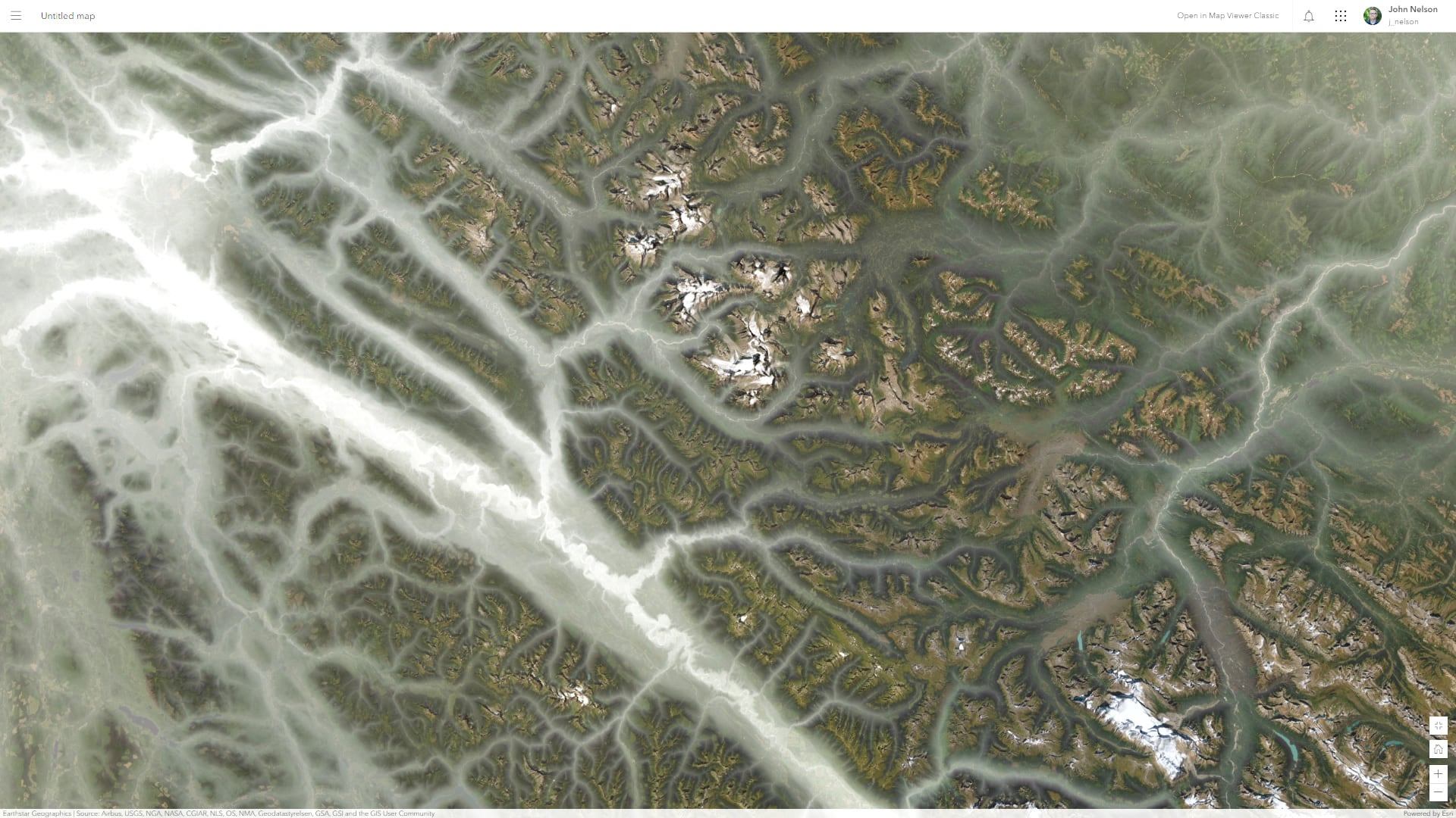 ArcGIs Online imagery basemap rocking a valley-clinging mist effect.