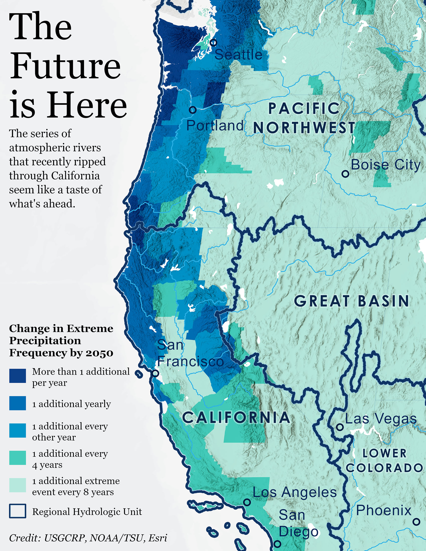 Detailed view of extreme precipitation frequency increases along the California, Oregon, and Washington coastlines. A series of atmospheric rivers battered this area in early 2023.