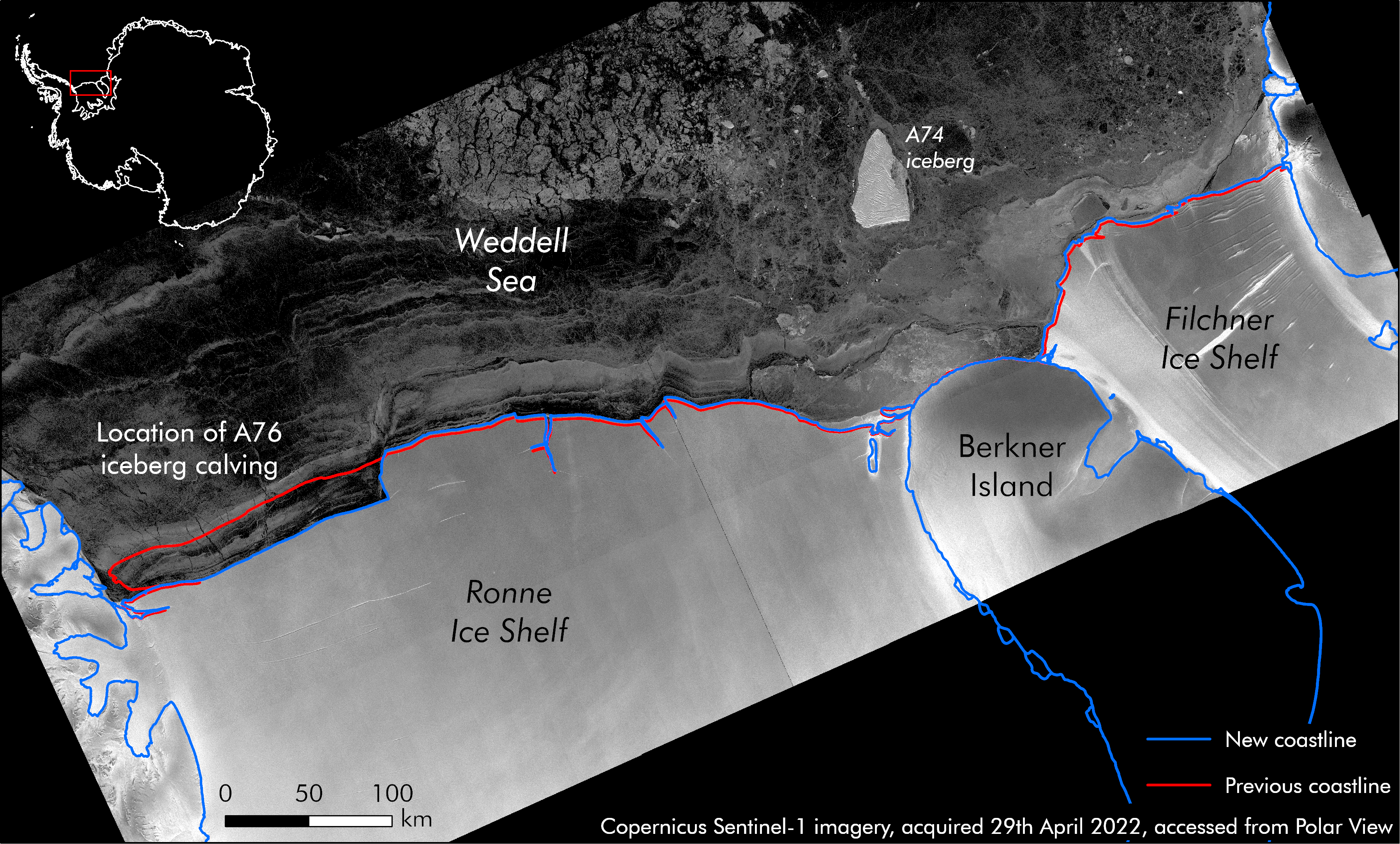 Topographic map showing the calving of the Ronne Ice Shelf