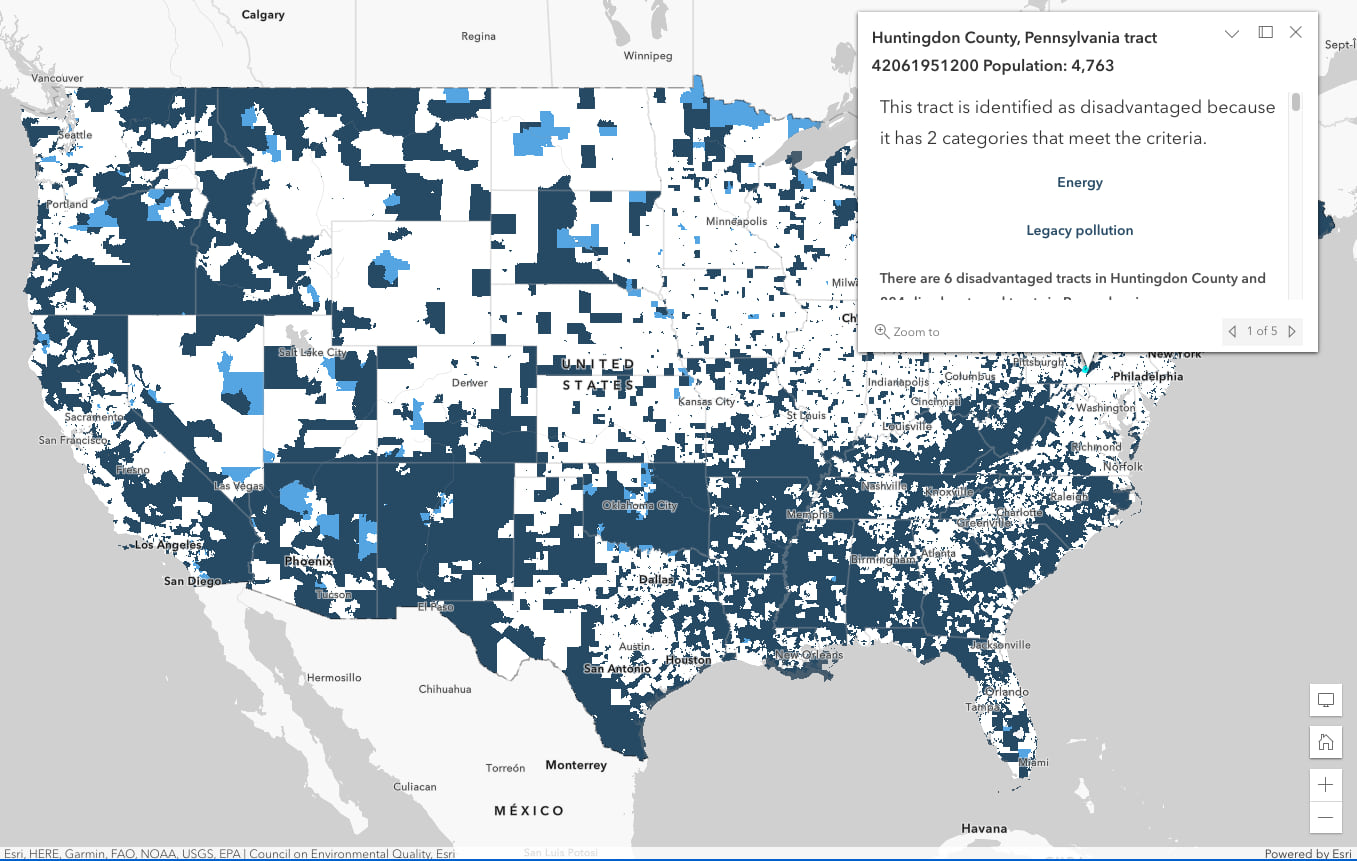 Map with color-coding to represent whether a place meets Justice40 criteria