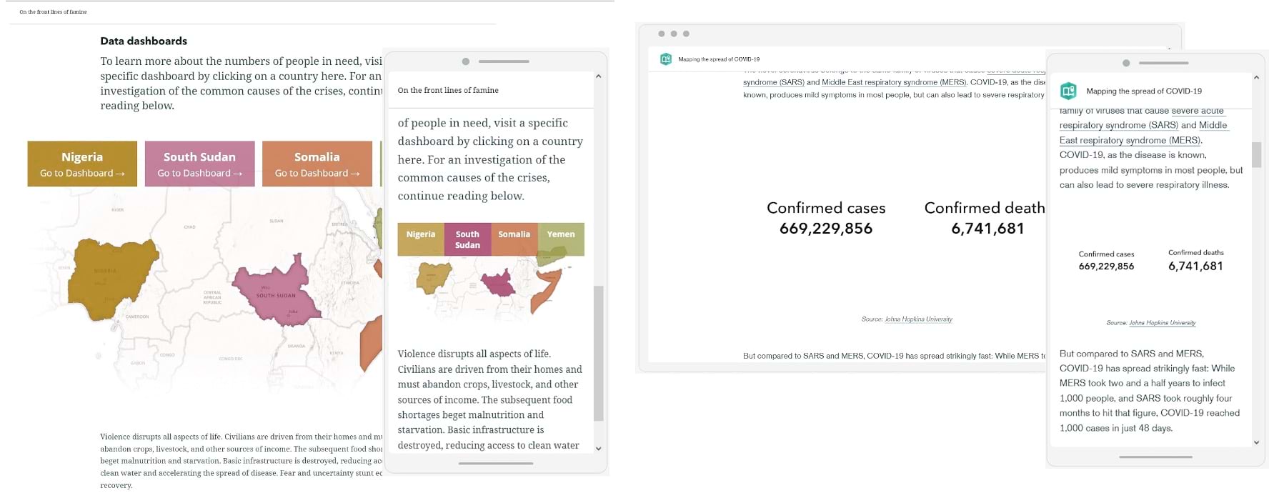 Two examples of live embeds showing on the desktop and phone layouts of a story
