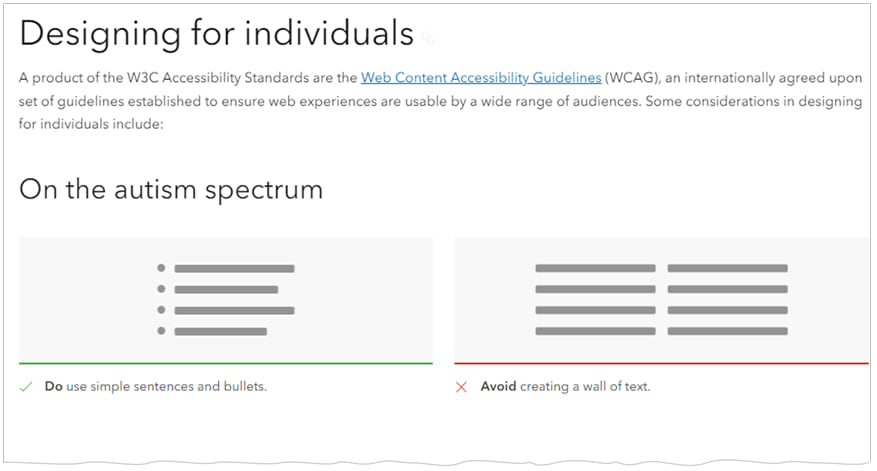 A screenshot of Calcite's "designing for individuals" guide recommending to use simple sentences and bullets to accommodate individuals on the autism spectrum. A screenshot of Calcite's "designing for individuals" guide recommending to use simple sentences and bullets to accommodate individuals on the autism spectrum.