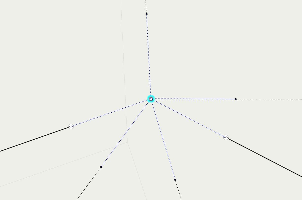 A transformer highlighted with blue-dotted lines that depict its connectivity with fuses and connection points. A transformer highlighted with blue-dotted lines that depict its connectivity with fuses and connection points.