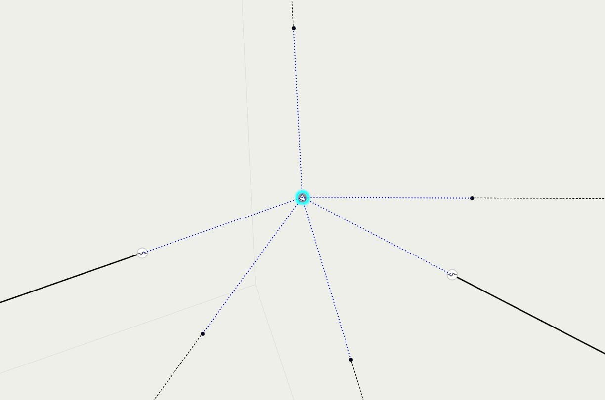 A transformer highlighted with blue-dotted lines that depict its connectivity with fuses and connection points.