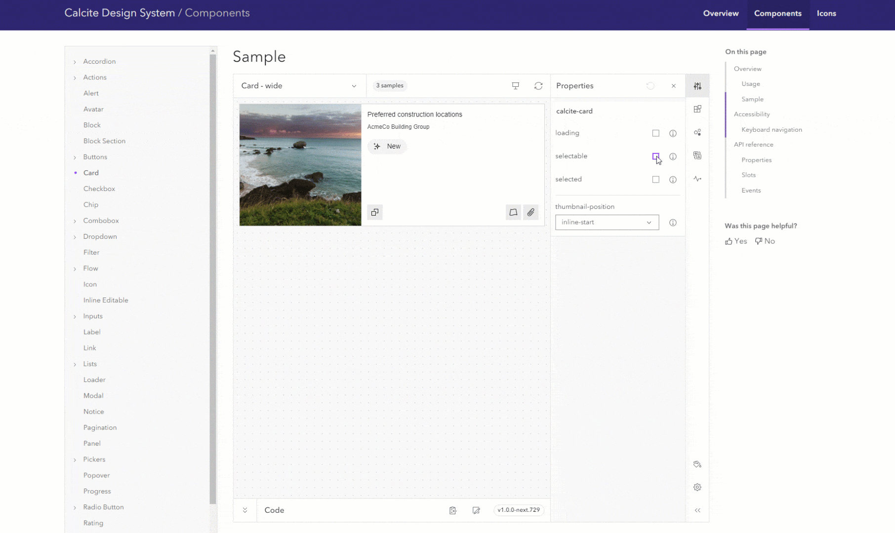 Animation of Calcite's sample playground where you can interact with a component to modify its settings to fit your UI.