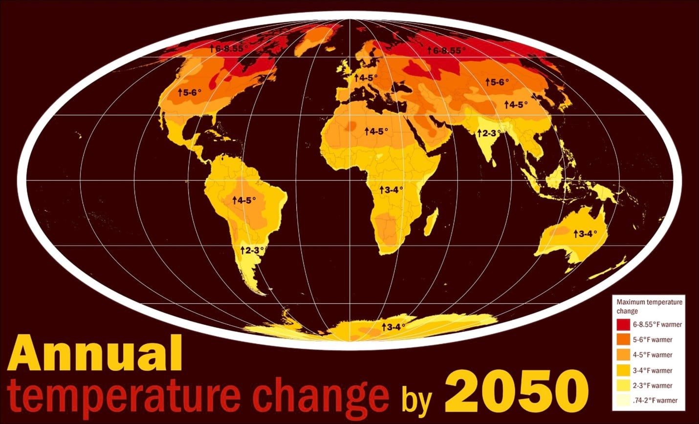Change in mean annual temperature by 2050 compared to historical baseline (1971-2000) under business-as-usual high emissions scenario (SSP5-8.5).
