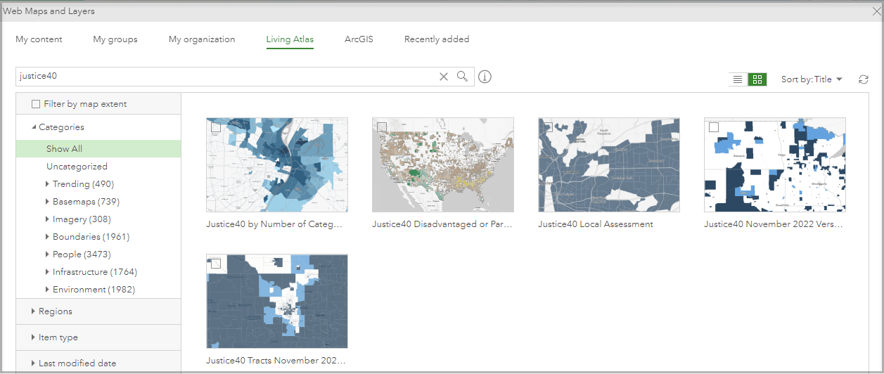 Web map layers available on ArcGIS Living Atlas named justice40