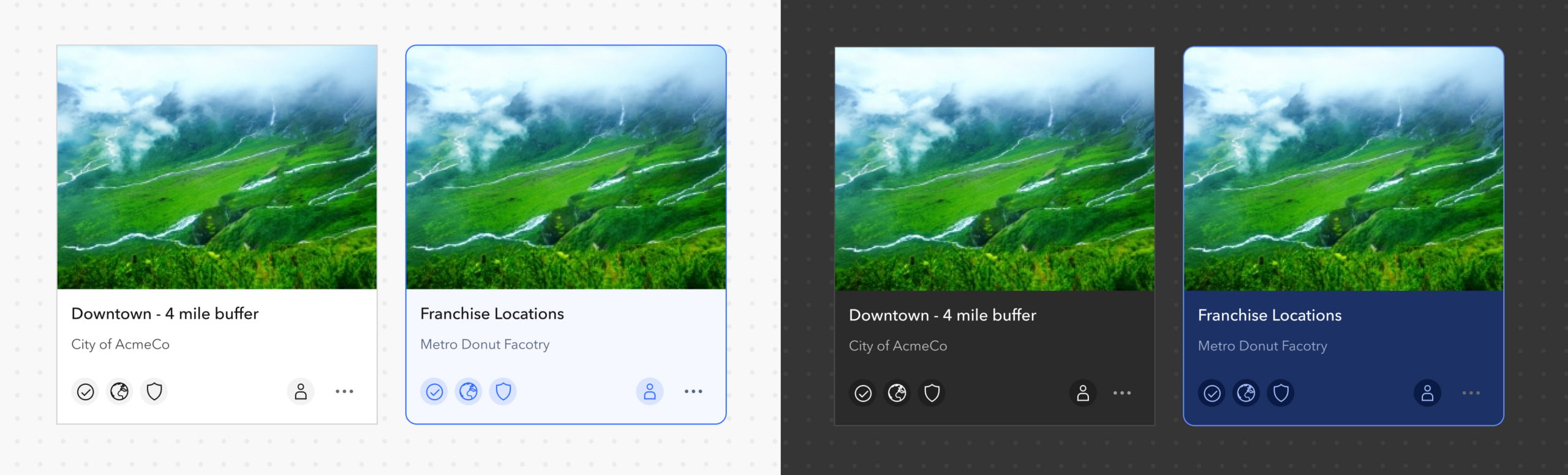 Calcite's card component displayed in it's default color and with a custom color shown in light and dark modes. Calcite's card component displayed in it's default color and with a custom color shown in light and dark modes.