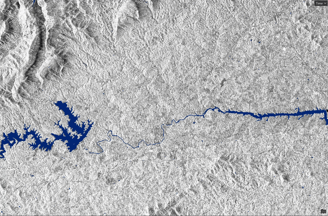 Black and white map with a dark blue highlighted river and lake using SAR data