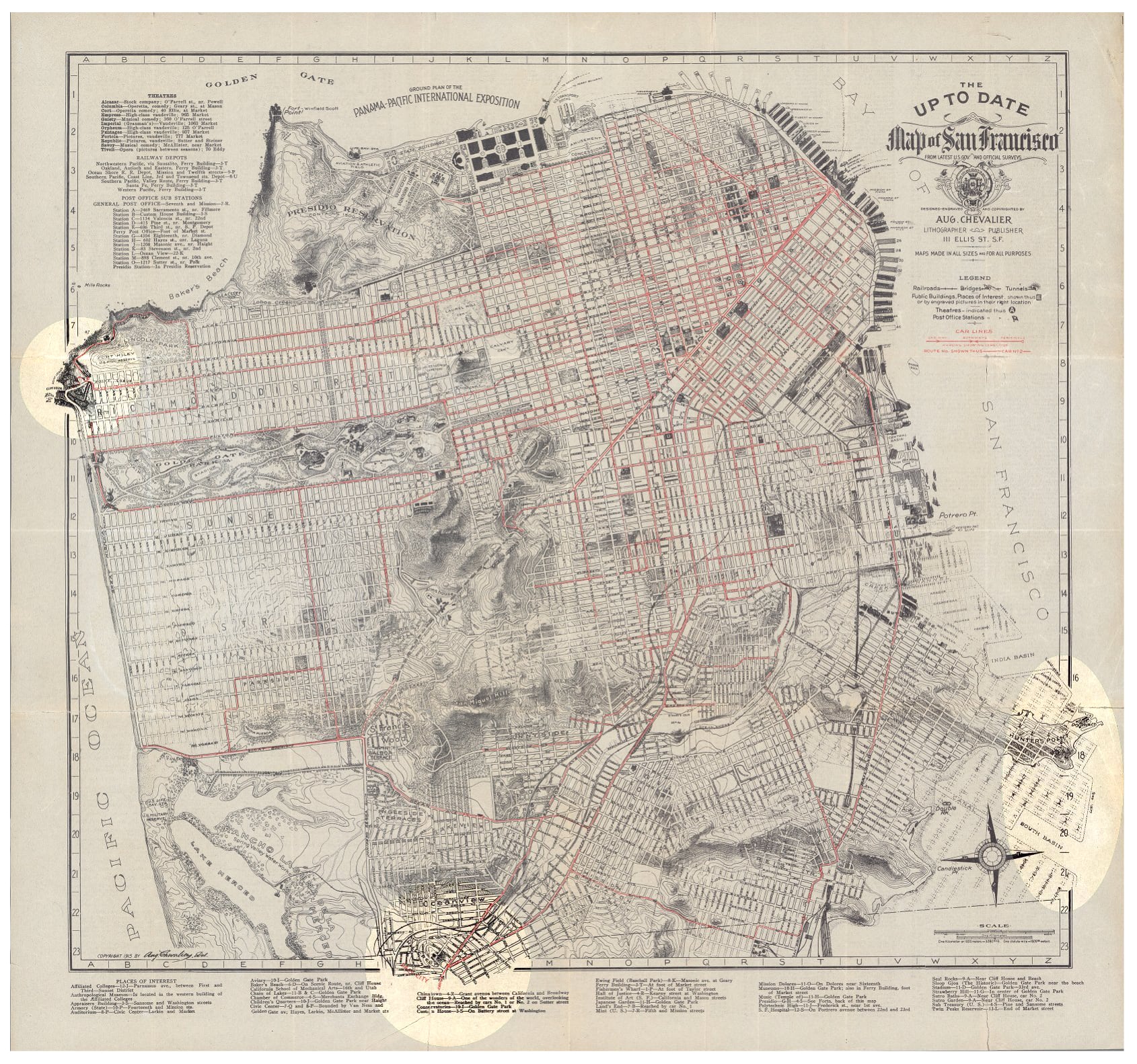 August Chevalier's up to date map of San Francisco that features several portions of the shoreline that protrude across the neatline bounding the map. August Chevalier's up to date map of San Francisco that features several portions of the shoreline that protrude across the neatline bounding the map.