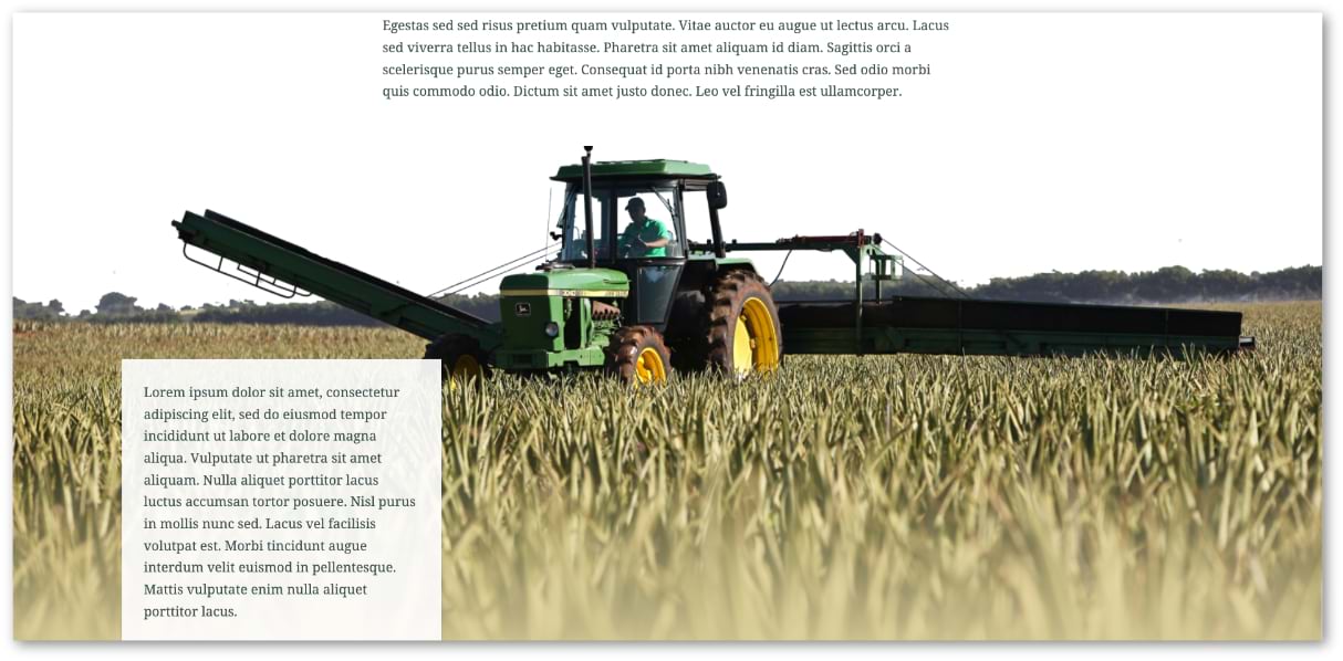 A screenshot mockup of a StoryMaps Immersive Sidecar block that features an image of a farm tractor. The horizon of the image has been erased using image editing software.