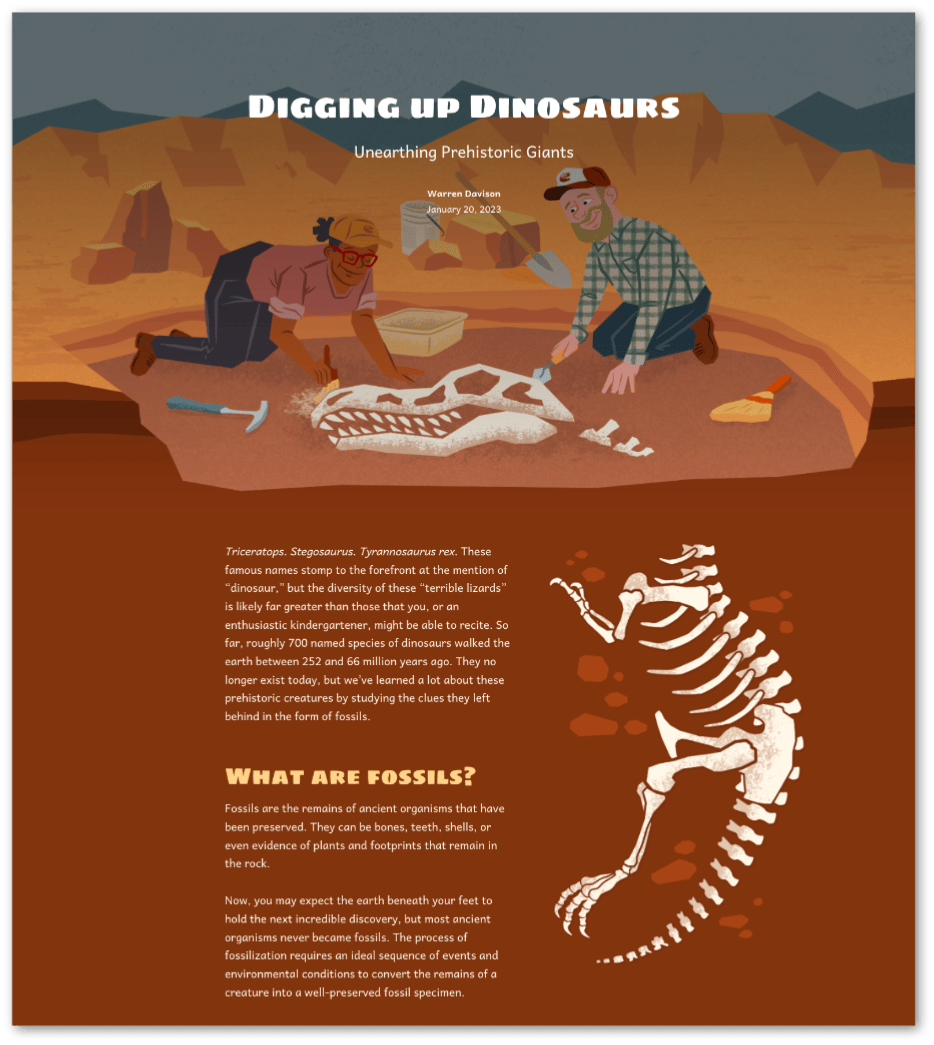Overview image of the Digging up Dinosaurs story that features a pair of archeologists excavating the fossilized skeleton of a Tyrannosaurus rex. The majority of the skeleton seemingly remains below the surface as the reader scrolls through the story.