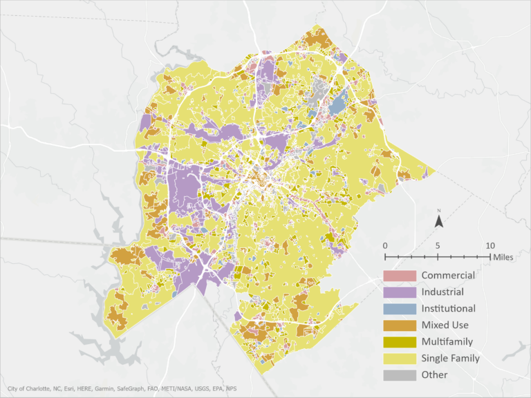 A current, simplified zoning map of Charlotte, North Carolina