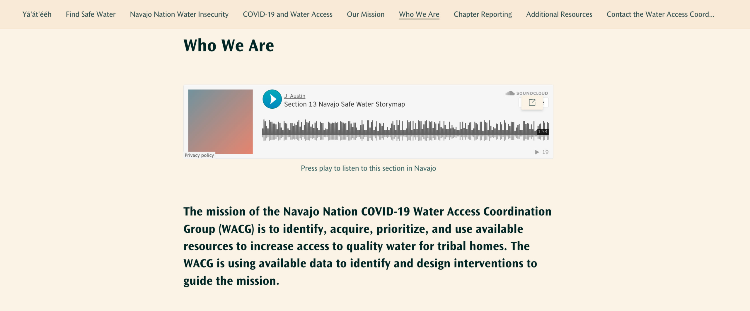 Screenshot of a bilingual story showing text in English and audio block for Navajo language option. Screenshot of a bilingual story showing text in English and audio block for Navajo language option.