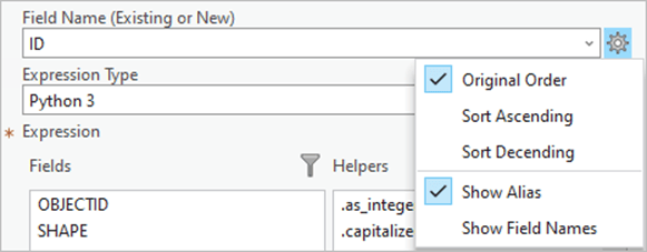 Field list settings menu in ArcGIS Pro