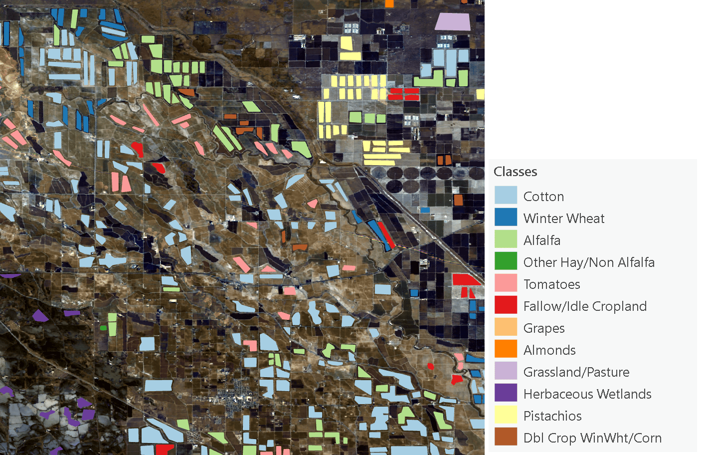 Samples of labels from different classes overlayed on time series raster