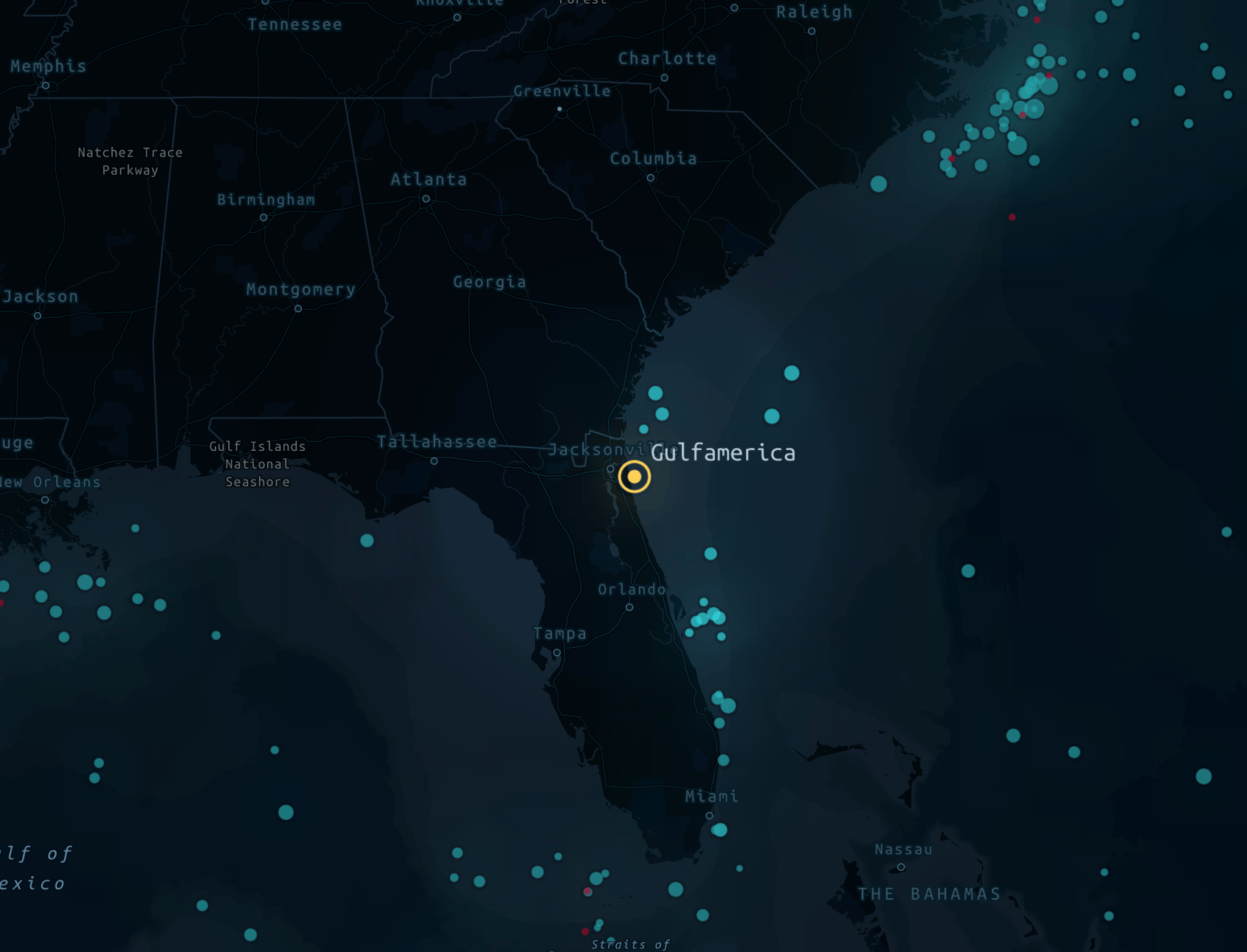 A screenshot of a map from the story Resurfacing the Past, zoomed into the southeastern United States, with the Gulfamerica tanker highlighted in yellow amidst all other sunken ships indicated by blue and red circles