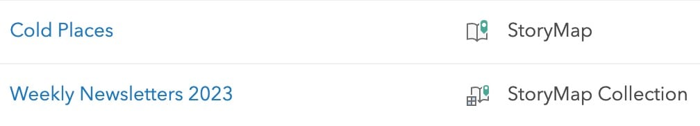 ArcGIS content list showing a story and collection