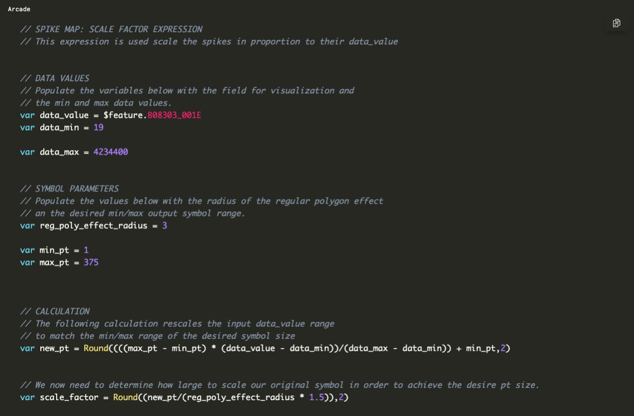 A screenshot of the ArcGIS StoryMaps code block containing one of the Arcade expressions used to create spike maps in ArcGIS Pro.