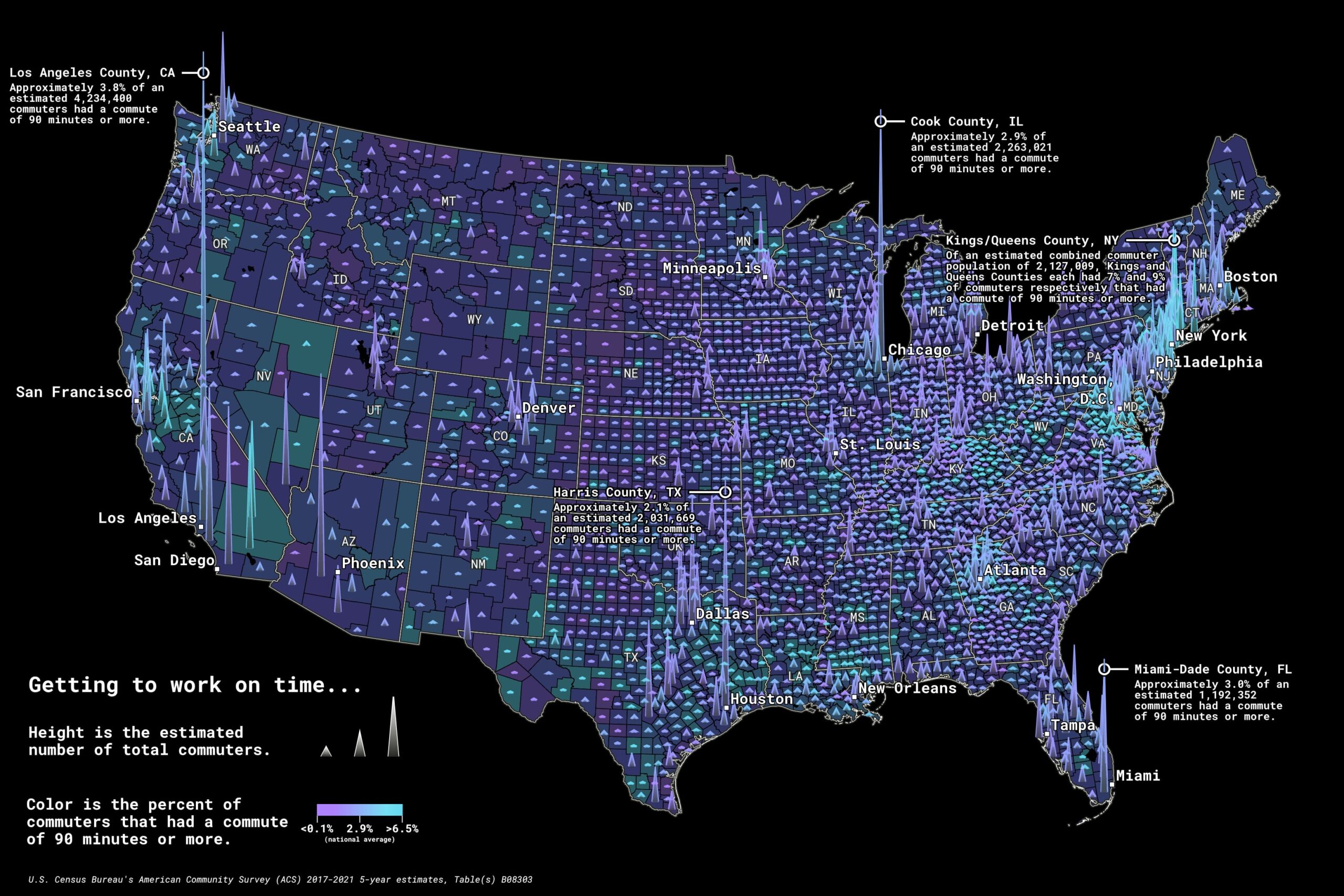 Map of the contiguous United States of America visualizing commuting variables from the American Community Survey as spike symbols.