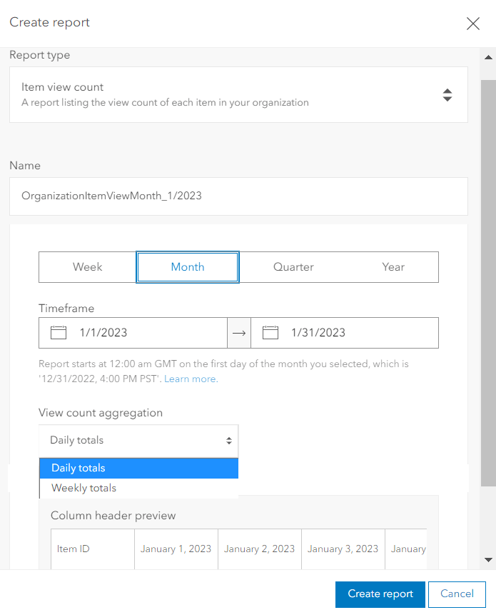 Create a monthly item view count report, with an option to view counts by each day or each week