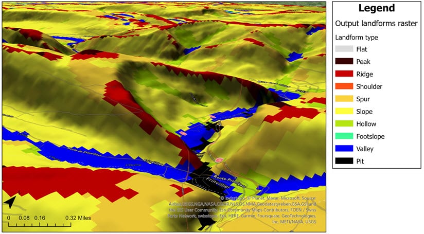 Landform types created by the Geomorphon Landforms tool draped across a surface in a perspective view