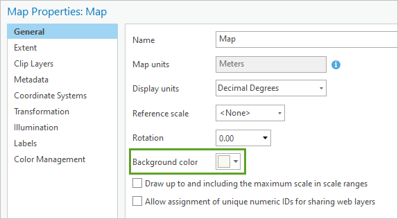 Background color in the Map Properties window