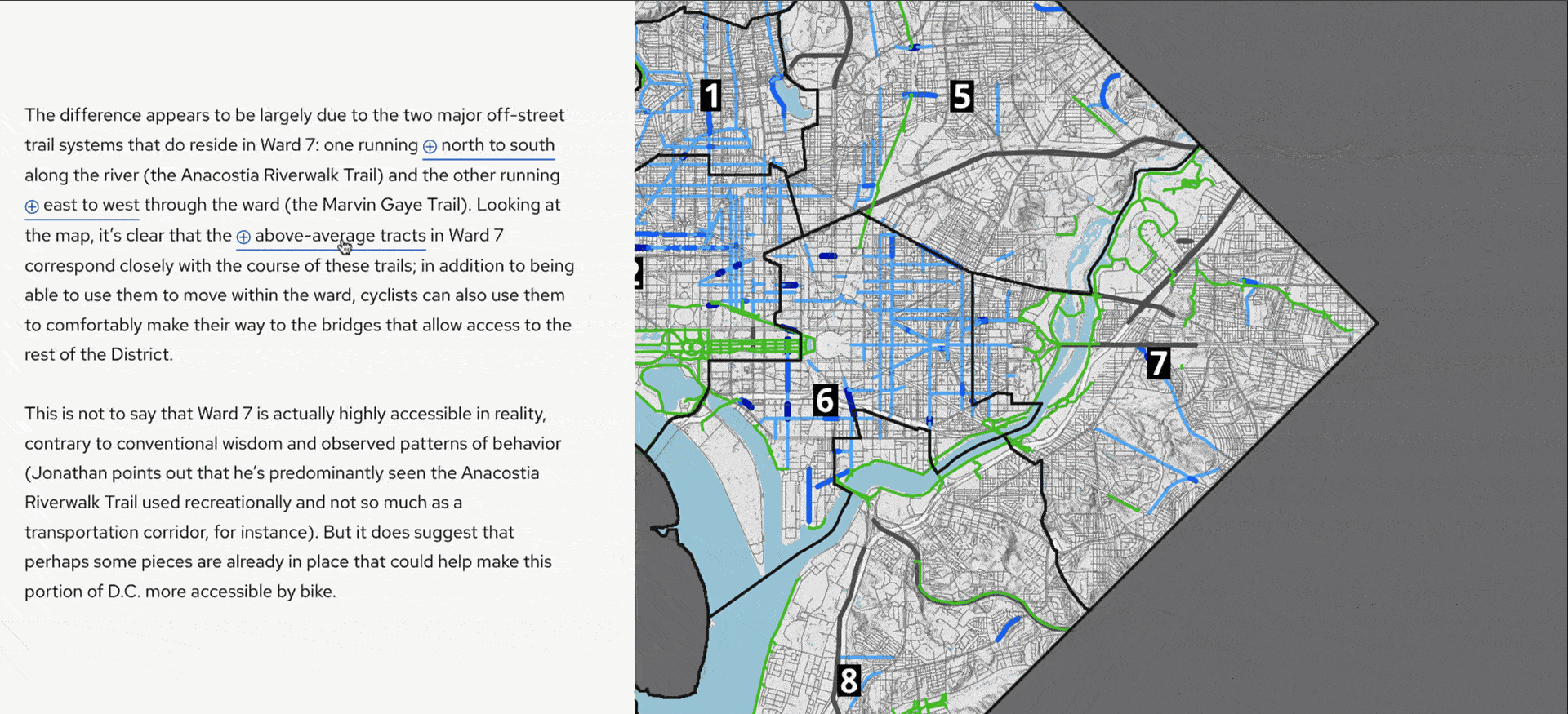 An animated gif of a map action in ArcGIS StoryMaps showing bike trails and bike access scores in one part of Washington, D.C.