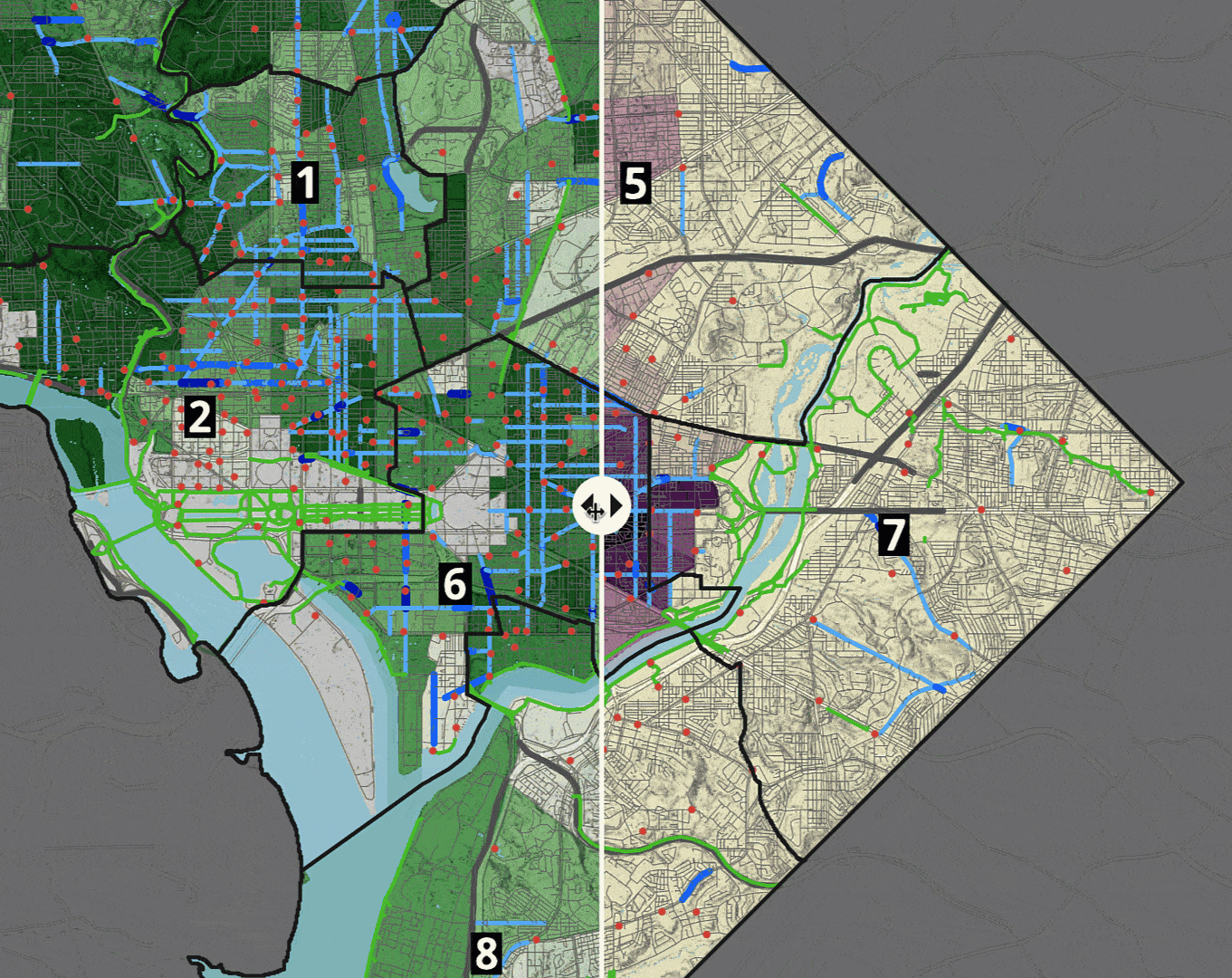 An animated gif of a swipe block in ArcGIS StoryMaps depicting the location of bike infrastructure in Washington, D.C., overlaid by income and race data