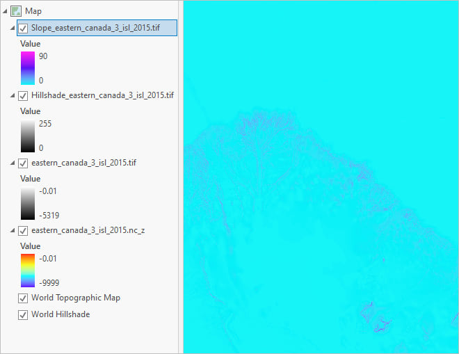 Bathymetry slope in cyan