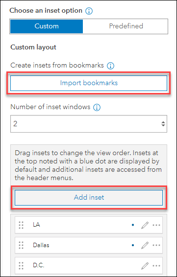 Configuration options for custom mode highlighting the options to import bookmarks and add a new inset.