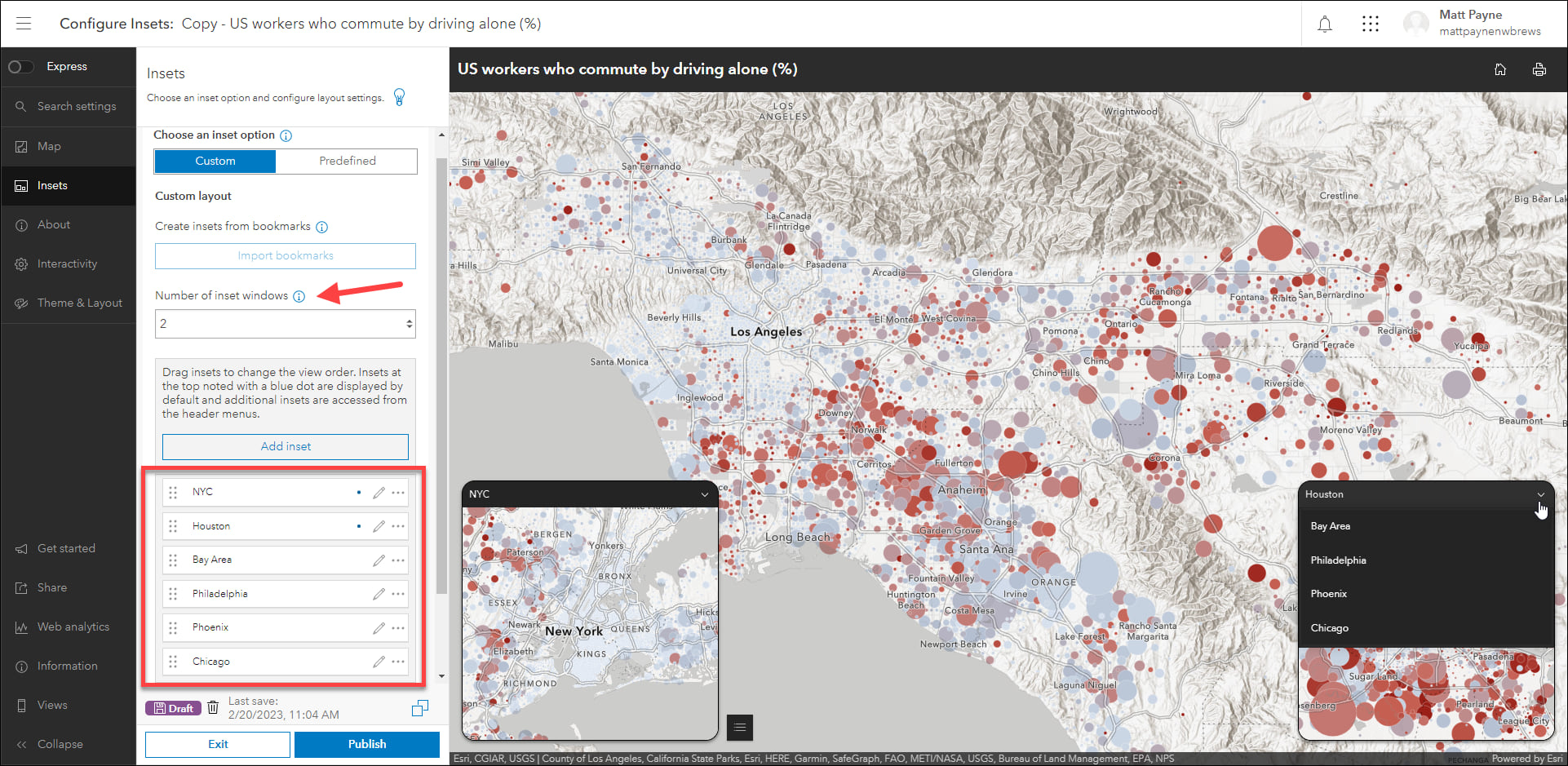 Insets app configuration showing the list of custom insets on the left and the app preview on the right with commuter data mapped.