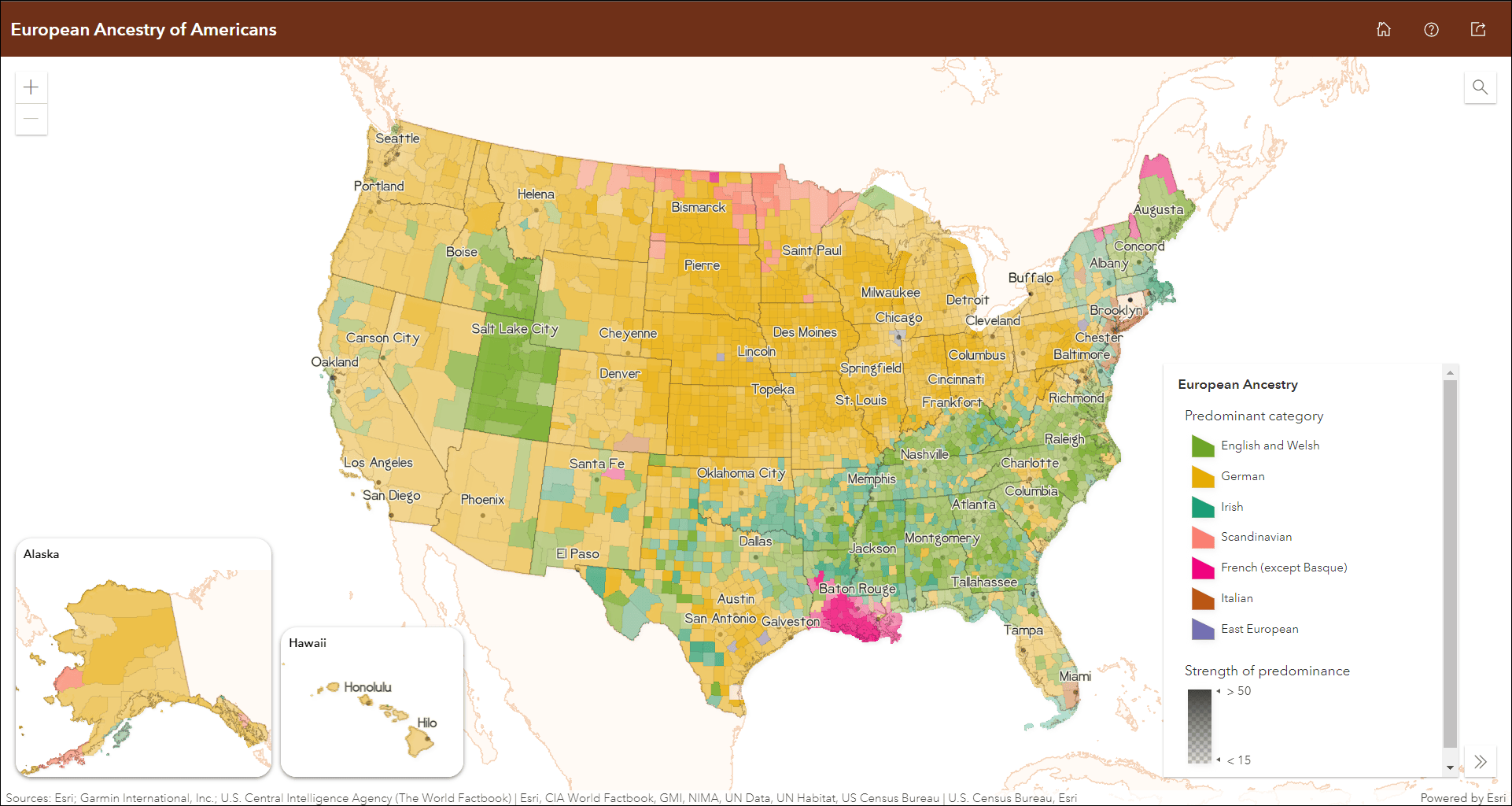European ancestry of Americans data mapped in the contiguous US with Alaska and Hawaii shown in the bottom left inside of inset maps.
