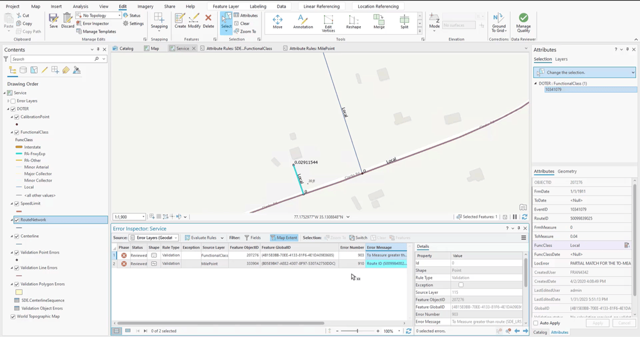 ArcGIS Data Reviewer in Pro shows map and table that detected errors in the data