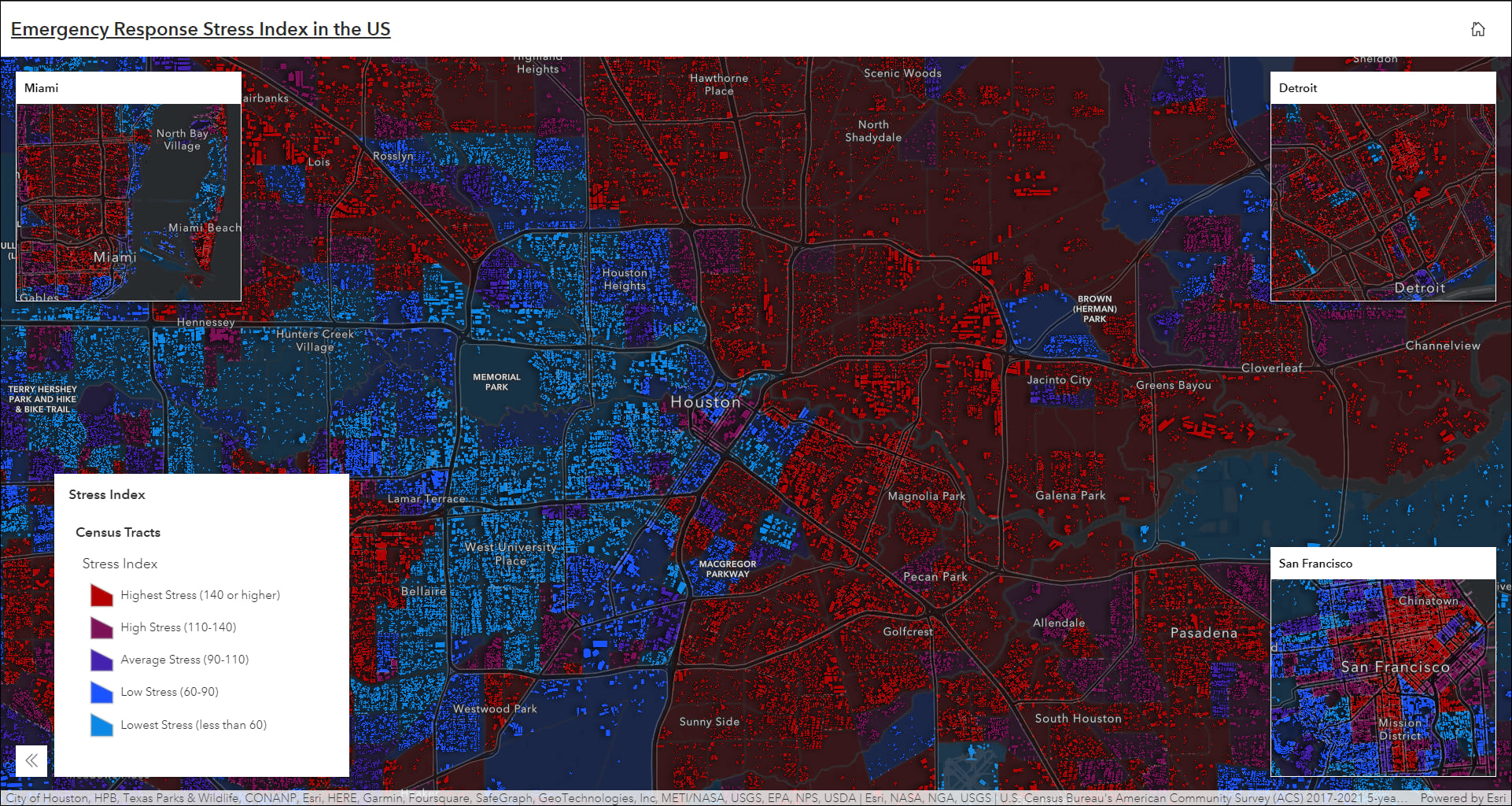 Emergency response stress index data mapped in Houston with Miami, Detroit, and San Francisco included in inset maps.