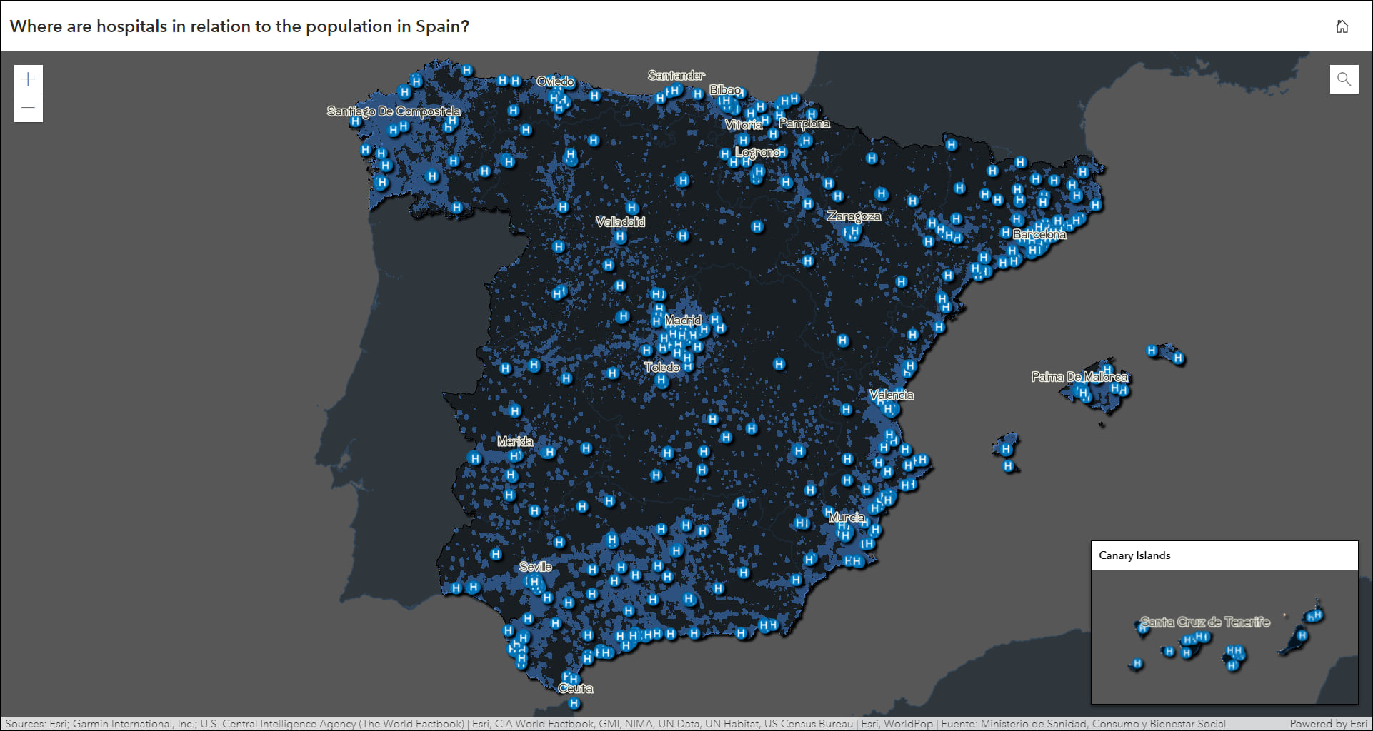 Hospital locations and population data mapped in Spain with the Canary Islands in an inset map on the bottom right.