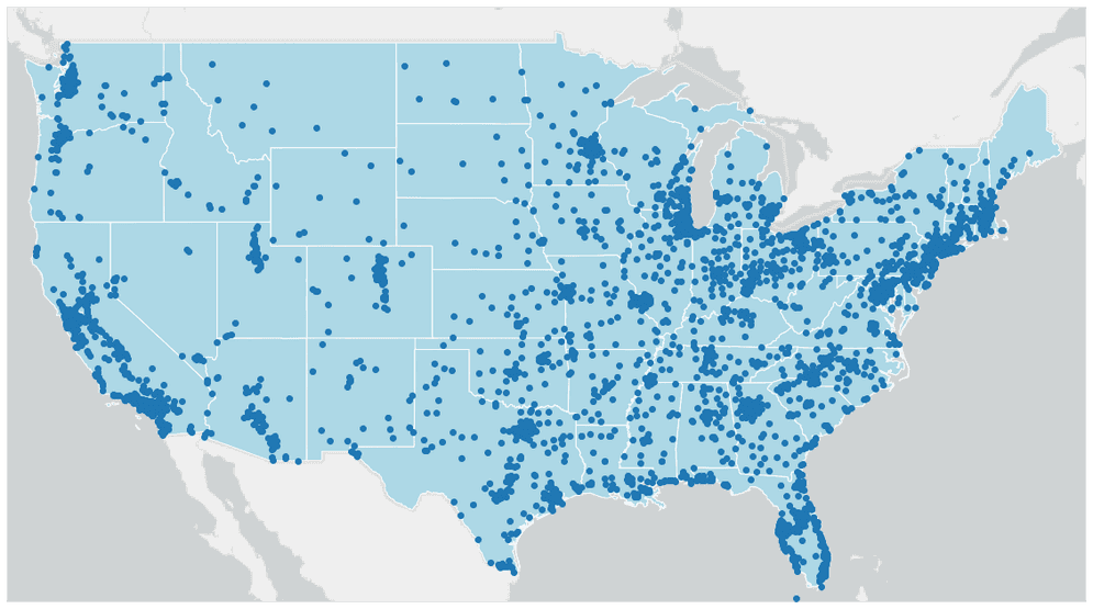 Image of a web map with multiple layers and the ArcGIS light gray canvas basemap