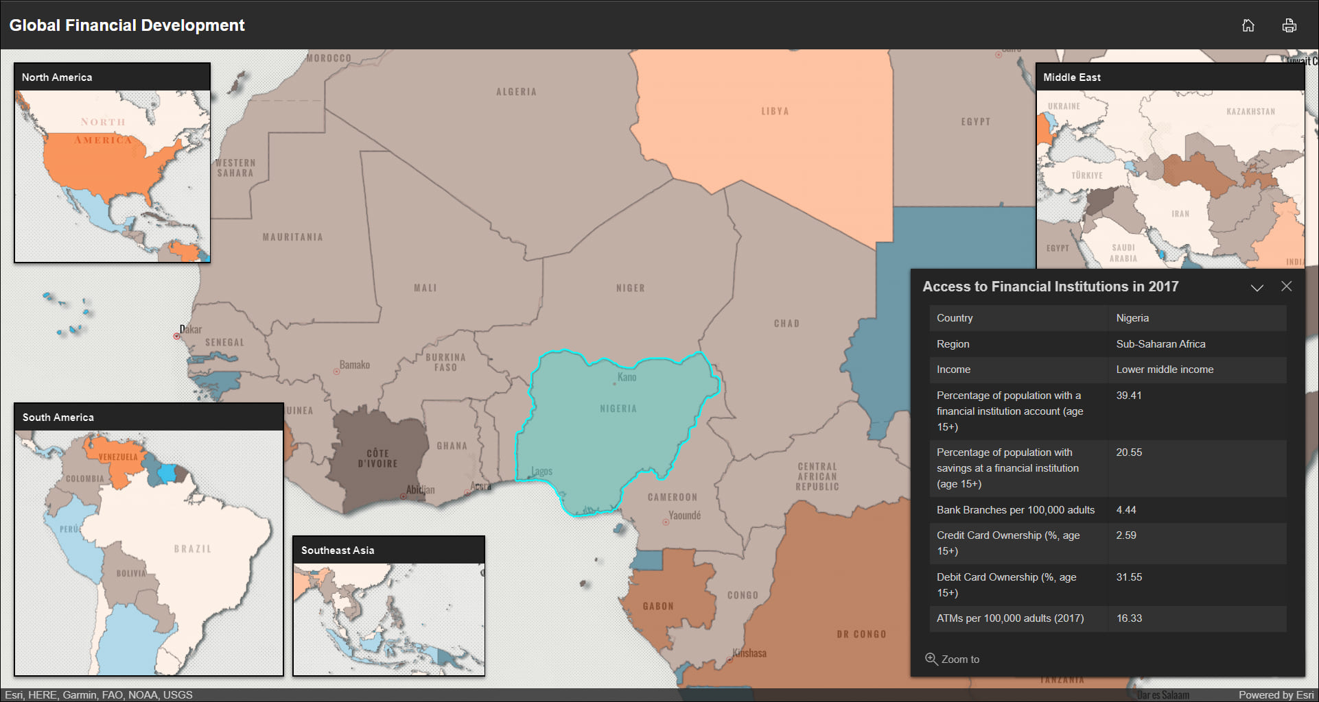 Global financial development data mapped on Africa with North America, Middle East, South America, and Southeast Asia included inside inset maps.