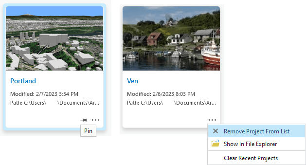 Project thumbnails showing options to pin and remove the project