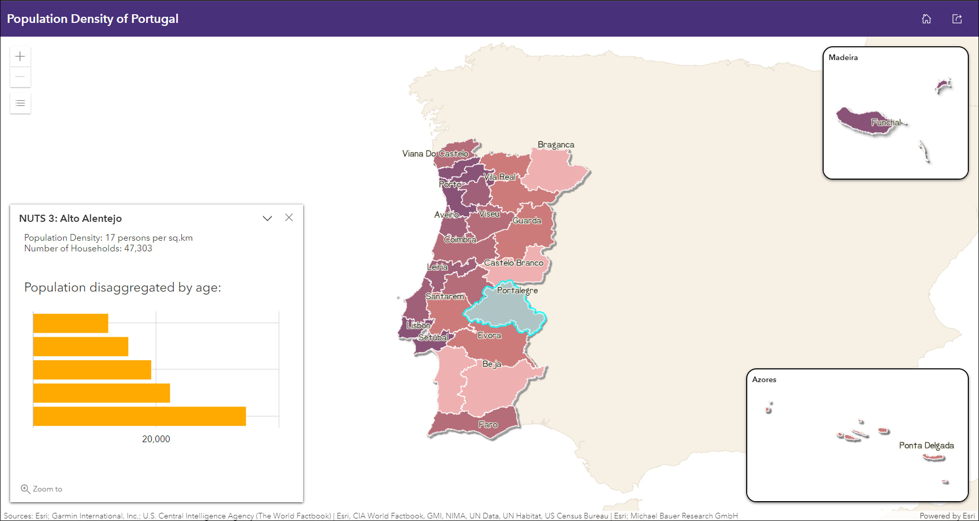 Population density data mapped in Portugal with Madeira and Azores included as inset maps.